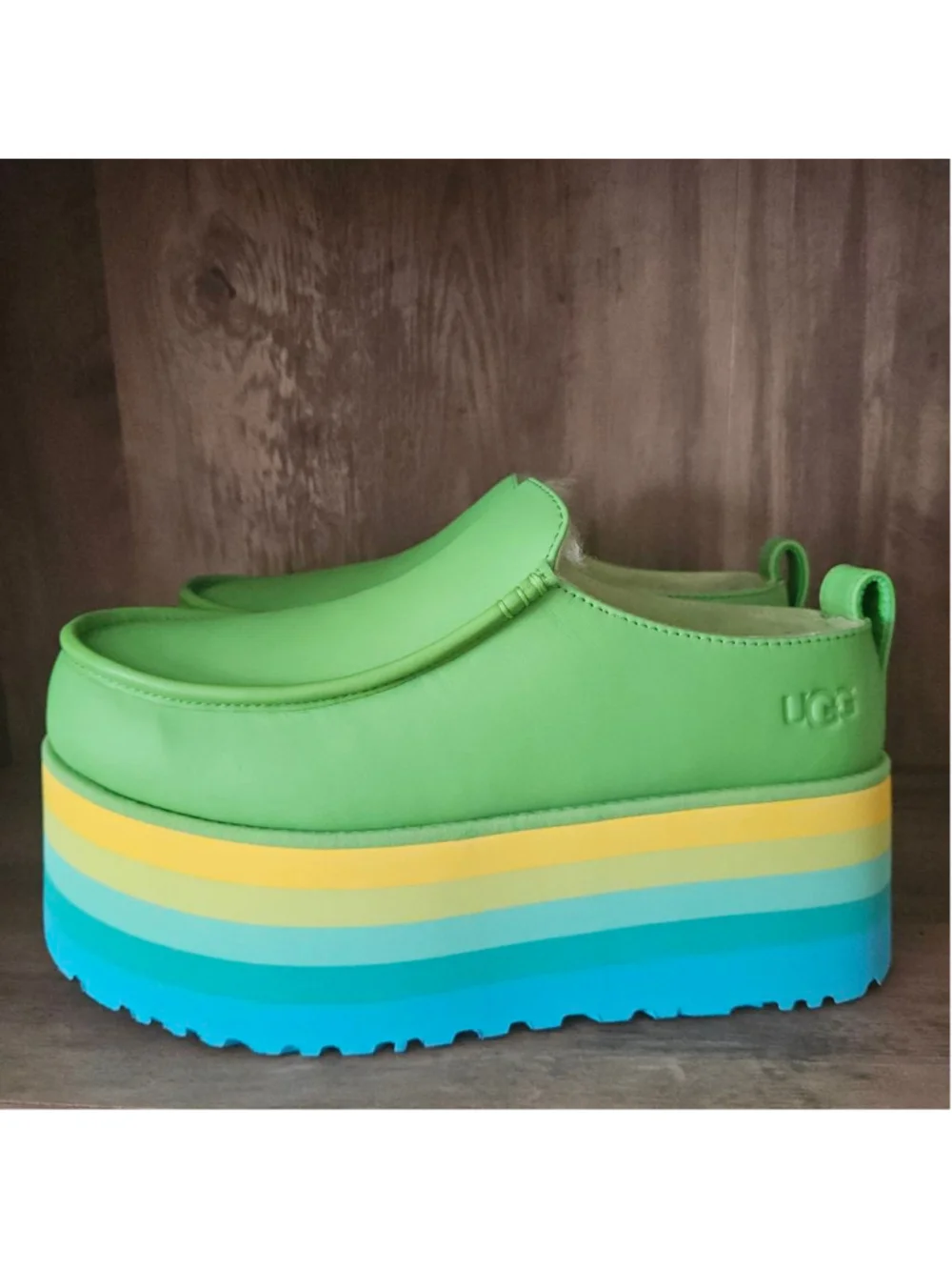 UGG Urseen All Gender Neon Retro Platform Slides Wool Lined Blue Womens 10 Pride